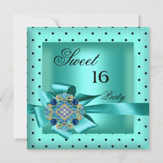 Sweet 16 Sweet Sixteen Teal Blue Black Polka Dot Invitation (Front)