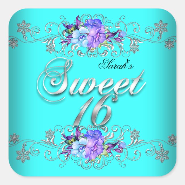 Sweet 16 Sweet Sixteen Teal Purple Flowers Square Sticker (Front)