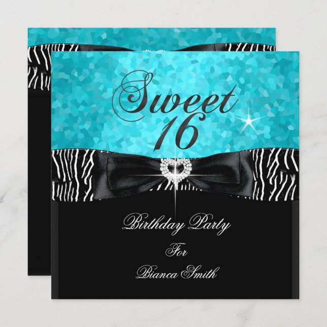 Sweet 16 Sweet Sixteen Turquoise Black Zebra Invitation (Front/Back)