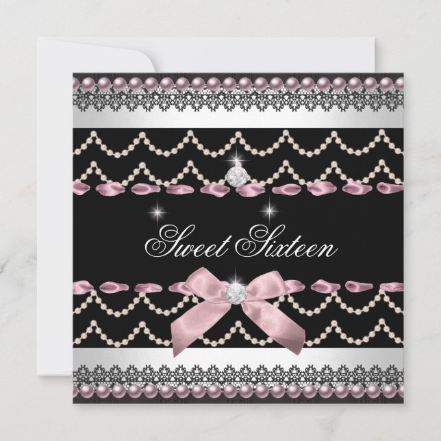 Sweet 16 Sweet Sixteen White Pink Black Invitation (Front)