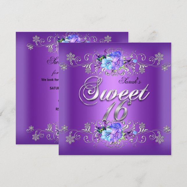 Sweet 16 Sweet Sixteen White Purple Flowers Invitation (Front/Back)