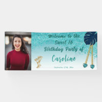 Sweet 16 Teal Blue Glitter, Heart Gems & Photo