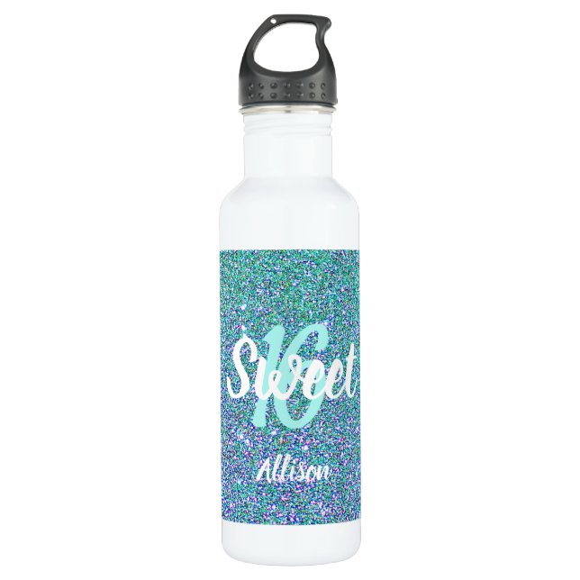 Sweet 16 Teal Blue Glitter Personalised 710 Ml Water Bottle (Front)