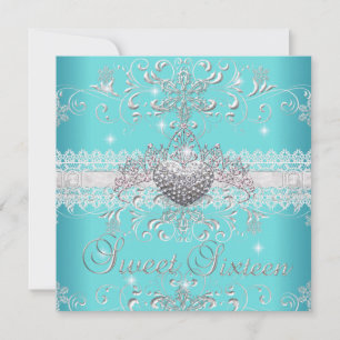 Sweet 16 Teal Blue Glitter Tiara Lace Heart Invitation