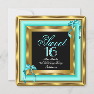 Sweet 16 Teal Blue Gold Black 16th Birthday Party Invitation