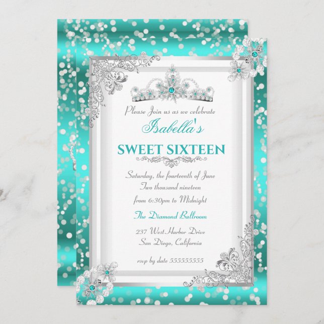 Sweet 16 Teal Blue Silver Snowflake Tiara Invitation (Front/Back)