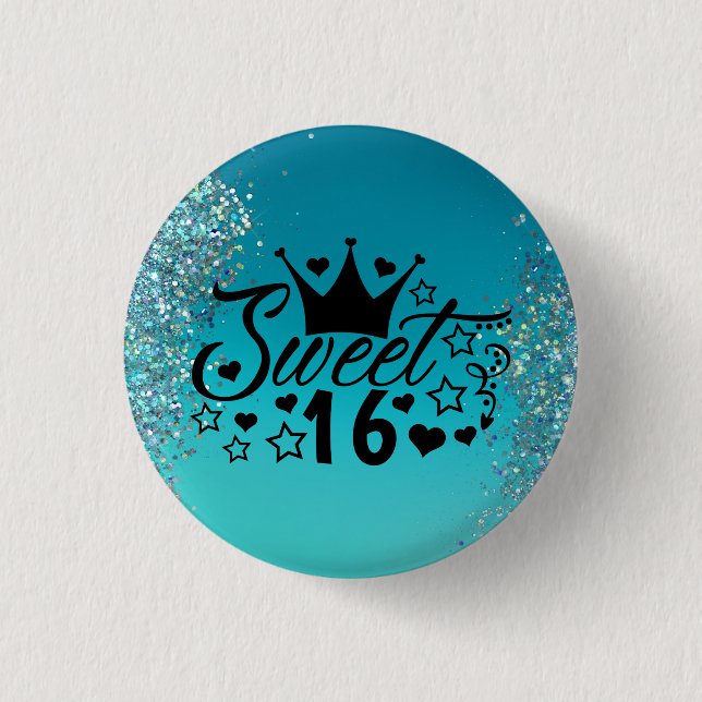 Sweet 16 Teal Glitter Sparkle Birthday Button (Front)