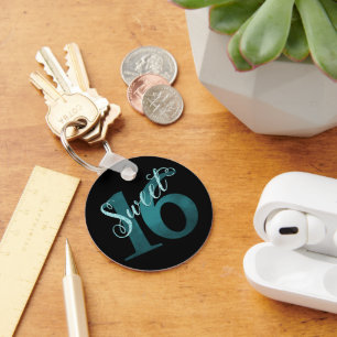 Sweet 16   Teal Green Grunge and Faux Glitter Key Ring