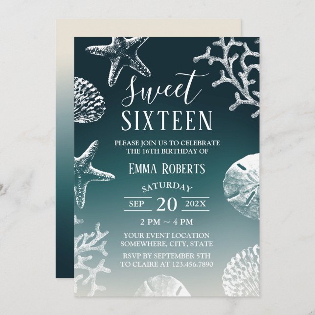 Sweet 16 Teal Ombre Beach Starfish & Seashells Invitation (Front/Back)