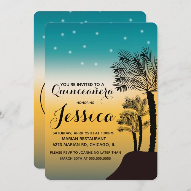 Sweet 16 | Teal Ombre Sunset Beach Tropical Invitation (Front/Back)