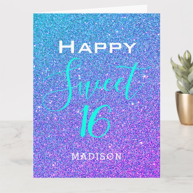 Sweet 16 Teal Purple Glitter Birthday Personalised Card (Small Plant)