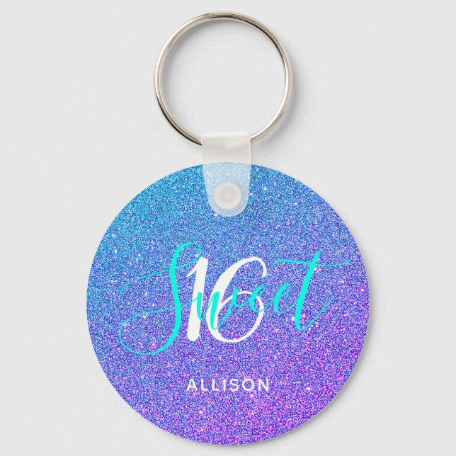 Sweet 16 Teal Purple Glitter Ombre Personalised Key Ring (Front)