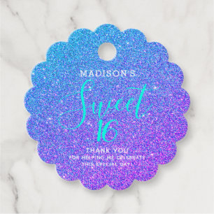 Sweet 16 Teal Purple Glitter Thank You Birthday Favour Tags