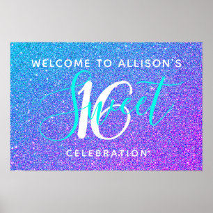 Sweet 16 Teal Purple Glitter Welcome Personalised Poster