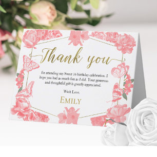 Sweet 16 Thank You Card Butterfly Pink Floral Gold