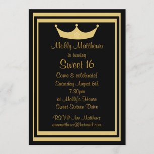 Sweet 16 Tiara Black & Gold Customisable Invitation