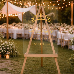 Sweet 16 tiara gold clear party welcome acrylic sign
