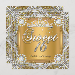 Sweet 16 Tiara Gold Silver Diamond Birthday Party Invitation