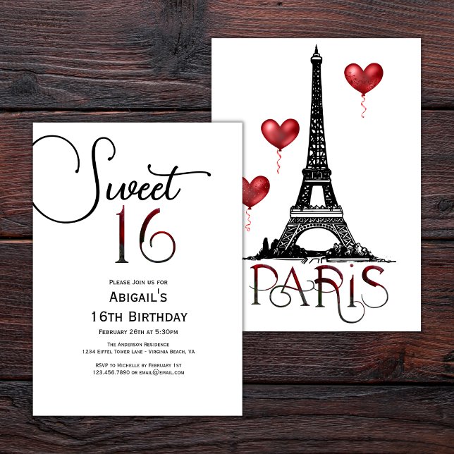 Sweet 16 Trendy Paris, Eiffel Tower, Red Balloons Invitation (Creator Uploaded)