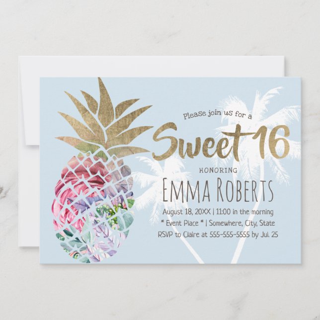 Sweet 16 Tropical Floral Pineapple & Palm Tree Invitation (Front)