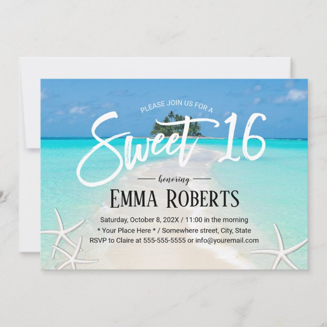 Sweet 16 Tropical Island Summer Starfish Beach  Invitation (Front)