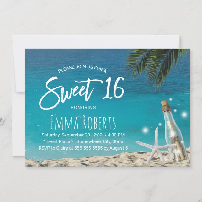 Sweet 16 Tropical Starfish Beach Message in Bottle Invitation (Front)