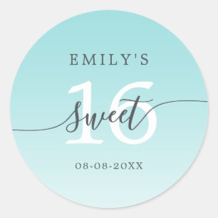 Sweet 16 Turquoise Blue Ombre Custom Name Date Classic Round Sticker