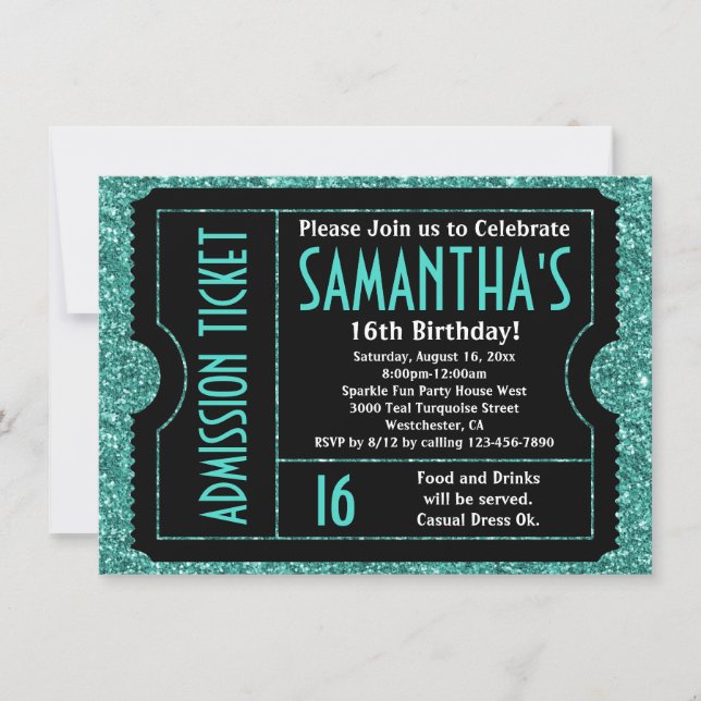Sweet 16 Turquoise Blue Sparkle Ticket Invitation (Front)