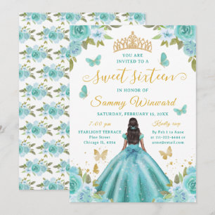 Sweet 16 Turquoise Princess African American Girl Invitation