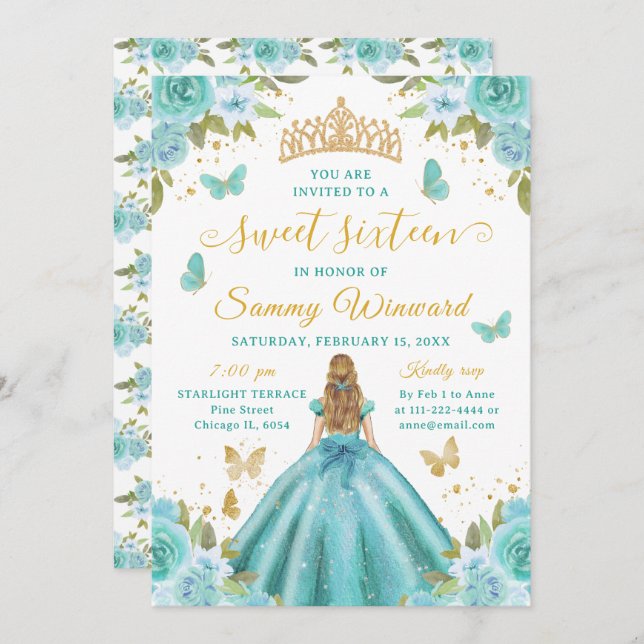 Sweet 16 Turquoise Princess Blonde Girl Invitation (Front/Back)