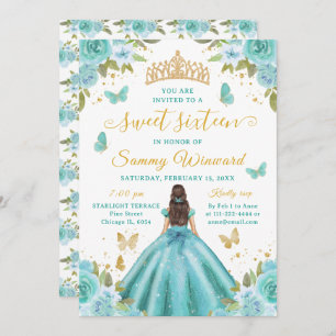 Sweet 16 Turquoise Princess Brunette Girl Invitation