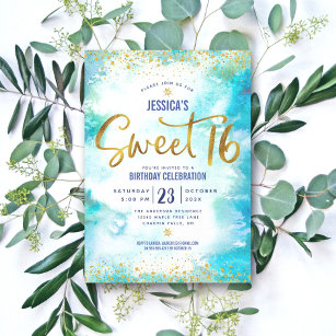 Sweet 16 Turquoise Watercolor Gold Girly Birthday Invitation