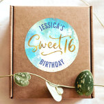 Sweet 16 Turquoise Watercolor Gold Script Birthday Classic Round Sticker<br><div class="desc">“Happy Sweet 16”. Celebrate her birthday with this stunning, simple, festive, personalised round sticker. Sparkly gold faux foil tiny confetti glitter dots and typography script, along with navy blue modern type, overlay a turquoise blue watercolor background. Personalise the custom text with your daughter’s name. Great for the budding fashionista who...</div>