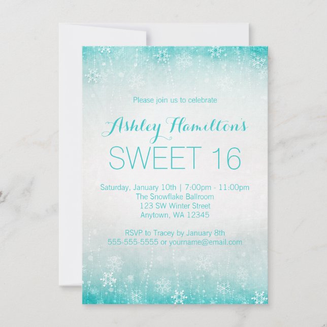 Sweet 16 Vintage Teal Winter Wonderland Invitation (Front)