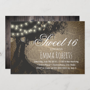Sweet 16 Vintage Tree String Lights Old Page Invitation