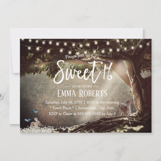 Sweet 16 Vintage Tree String Lights Woodland Invitation (Front)