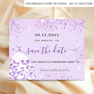 Sweet 16 violet dress budget save the date flyer