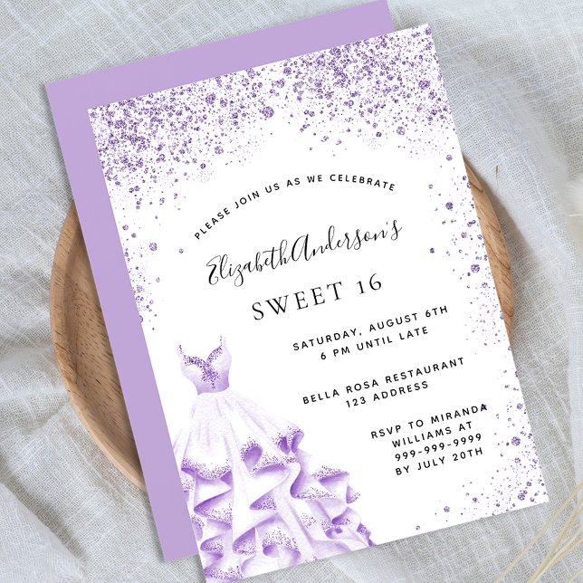 Sweet 16 violet white dress glitter glam invitation (Creator Uploaded)