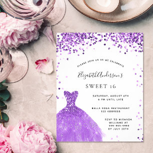Sweet 16 violet white dress glitter invitation postcard