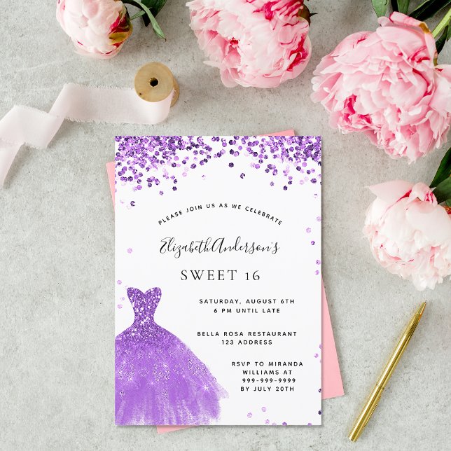Sweet 16 violet white dress glitter luxury invitation (Creator Uploaded)