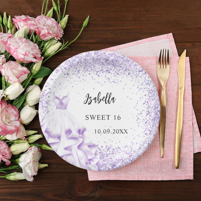 Sweet 16 violet white dress paper plate (Creator Uploaded)