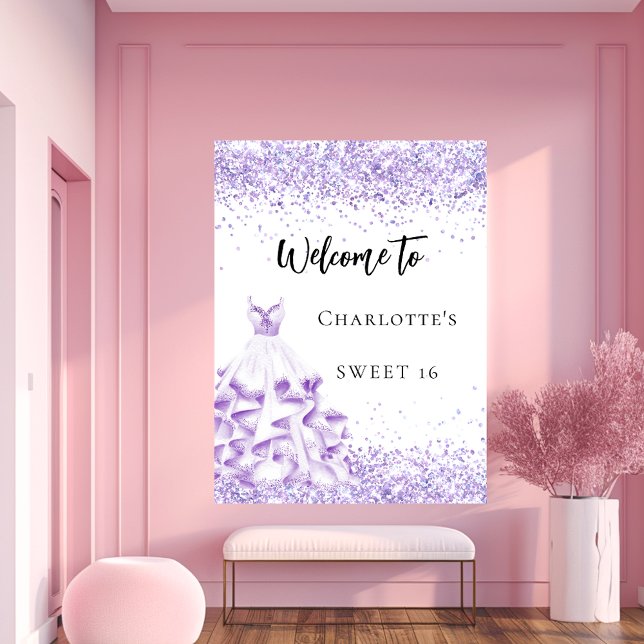 Sweet 16 violet white dress welcome party poster (Creator Uploaded)