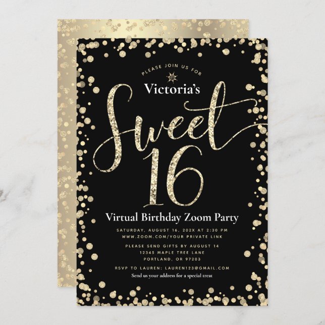 Sweet 16 Virtual Girly Gold Black Glitter Birthday Invitation (Front/Back)
