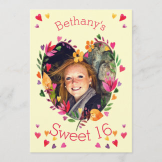 Sweet 16 Watercolor Floral Heart Wreath Photo Invitation