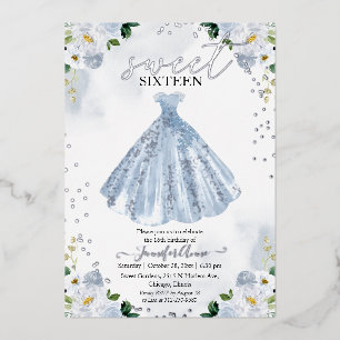 Sweet 16 Watercolor Flowers Dress Baby Blue Silver