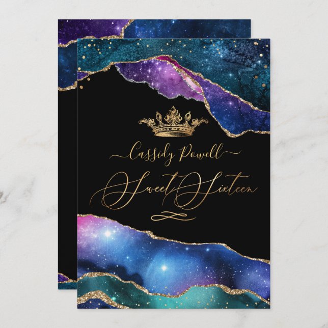 Sweet 16, Watercolor Galaxy Agate Faux Gold  Invitation (Front/Back)