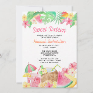 Sweet 16 Watercolor Luau Tropical Hibiscus Invitation