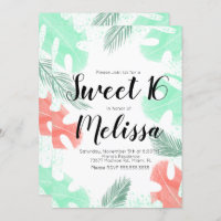 Sweet 16 Watercolor Monstera Coral Mint Leaves