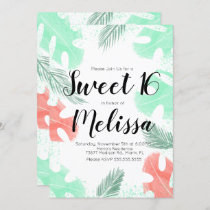 Sweet 16 Watercolor Monstera Coral Mint Leaves Invitation