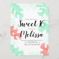 Sweet 16 Watercolor Monstera Coral Mint Leaves